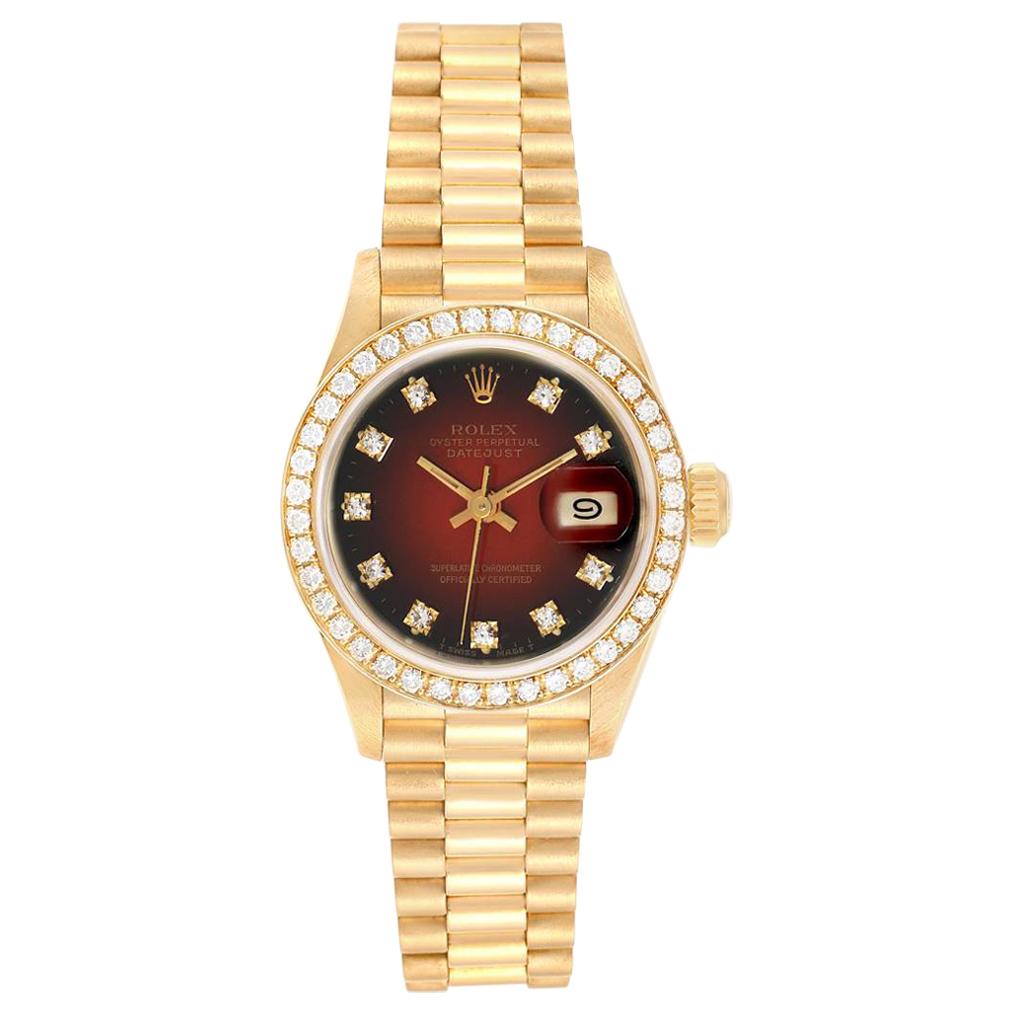 Rolex President Yellow Gold Red Vignette Diamond Ladies Watch 69138