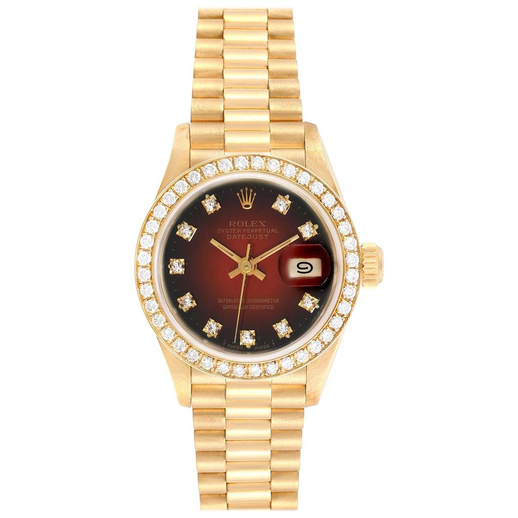 Rolex President Yellow Gold Red Vignette Diamond Ladies Watch 69138