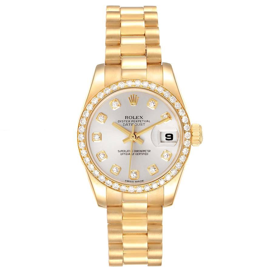 Rolex President Yellow Gold Silver Dial Diamond Ladies Watch 179138. Officially certified chronometer self-winding movement. 18k yellow gold oyster case 26.0 mm in diameter. Rolex logo on a crown. 18k yellow gold Rolex factory diamond bezel. Scratch
