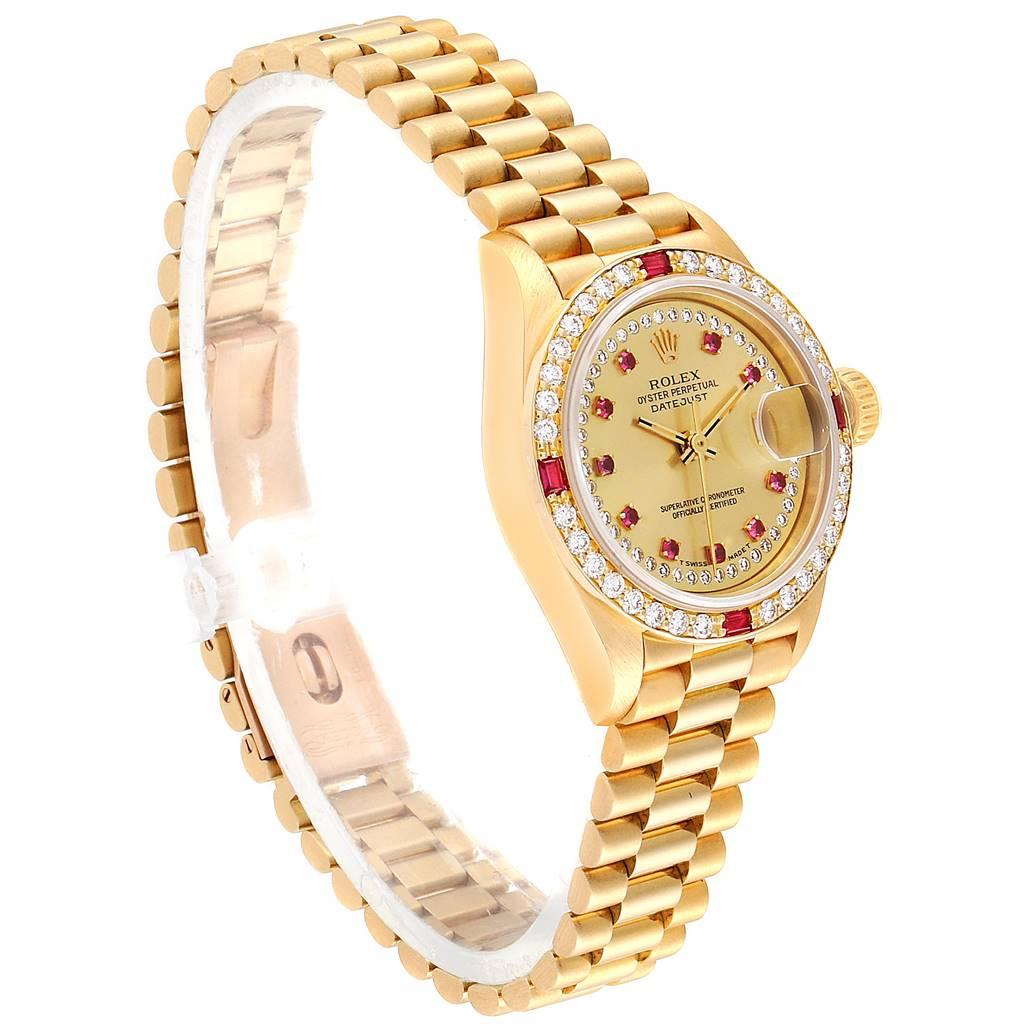 Rolex President Yellow Gold String Dial Diamond Ruby Ladies Watch 69068 In Good Condition For Sale In Atlanta, GA