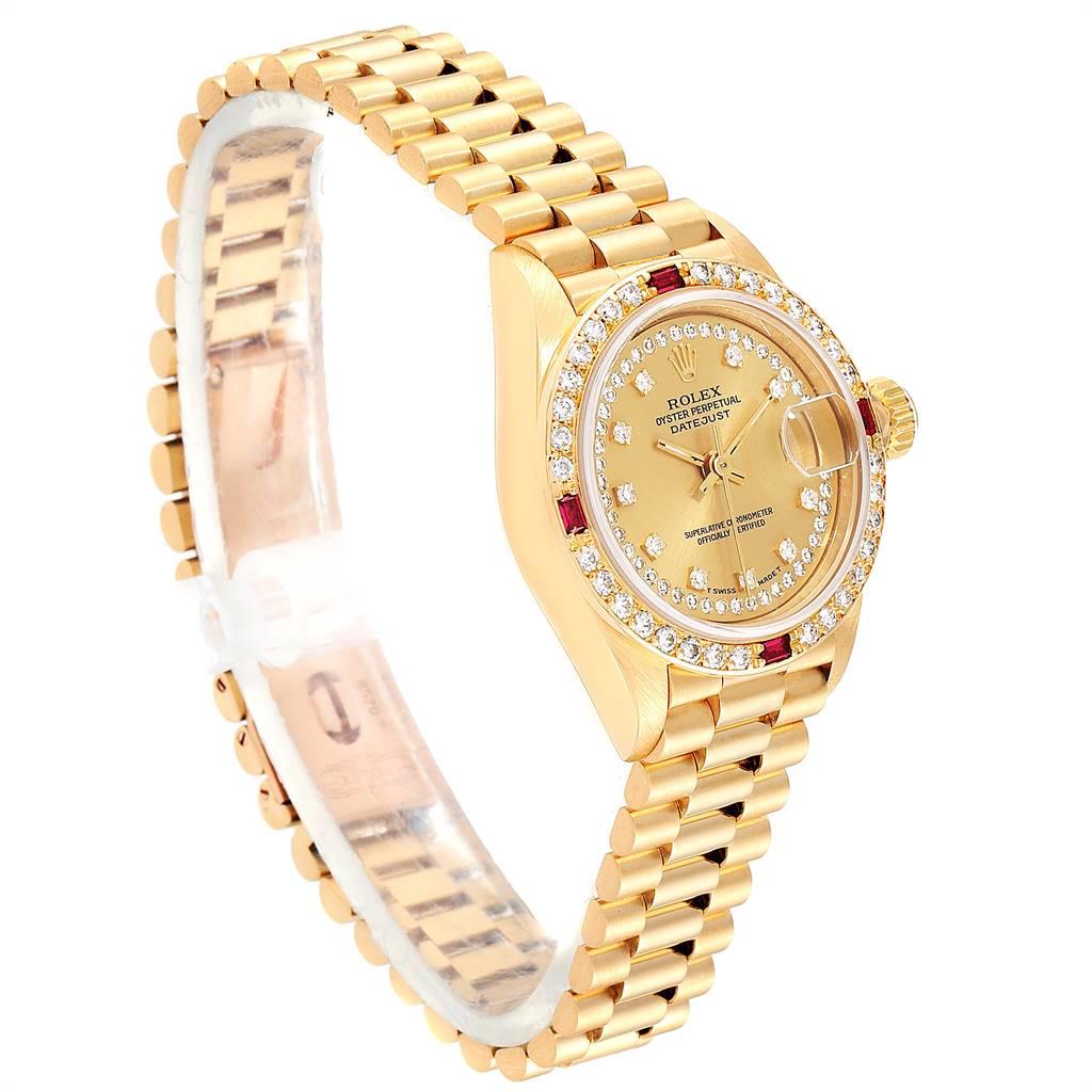 Rolex President Yellow Gold String Dial Diamond Ruby Ladies Watch 69068 In Excellent Condition For Sale In Atlanta, GA