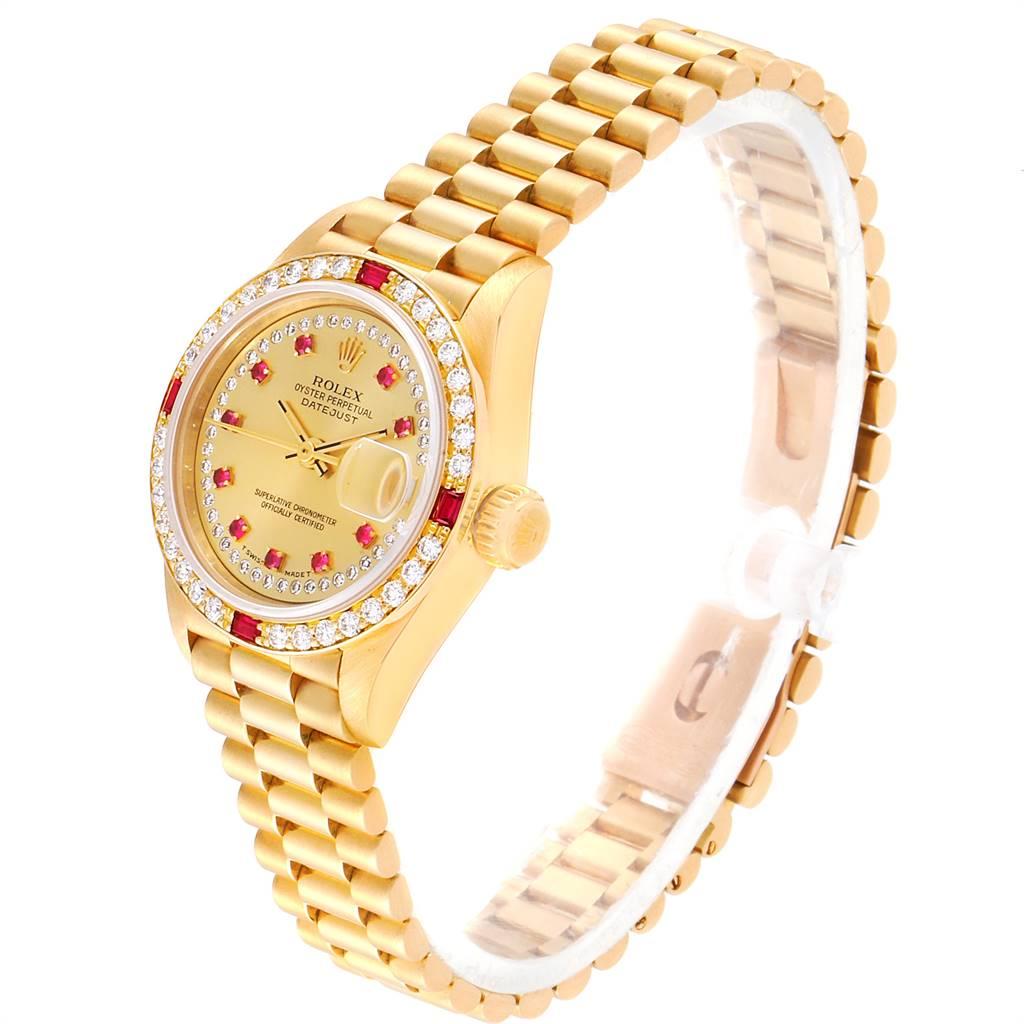 Women's Rolex President Yellow Gold String Dial Diamond Ruby Ladies Watch 69068 For Sale