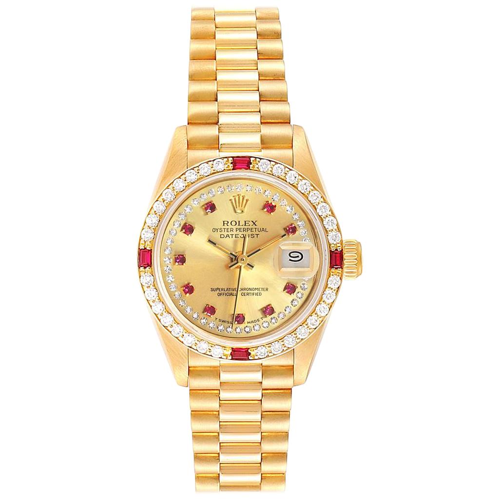 Rolex President Yellow Gold String Dial Diamond Ruby Ladies Watch 69068 For Sale