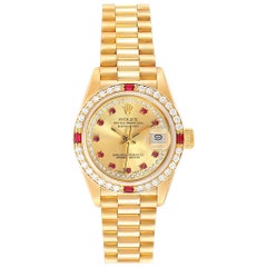 Rolex President Yellow Gold String Dial Diamond Ruby Ladies Watch 69068