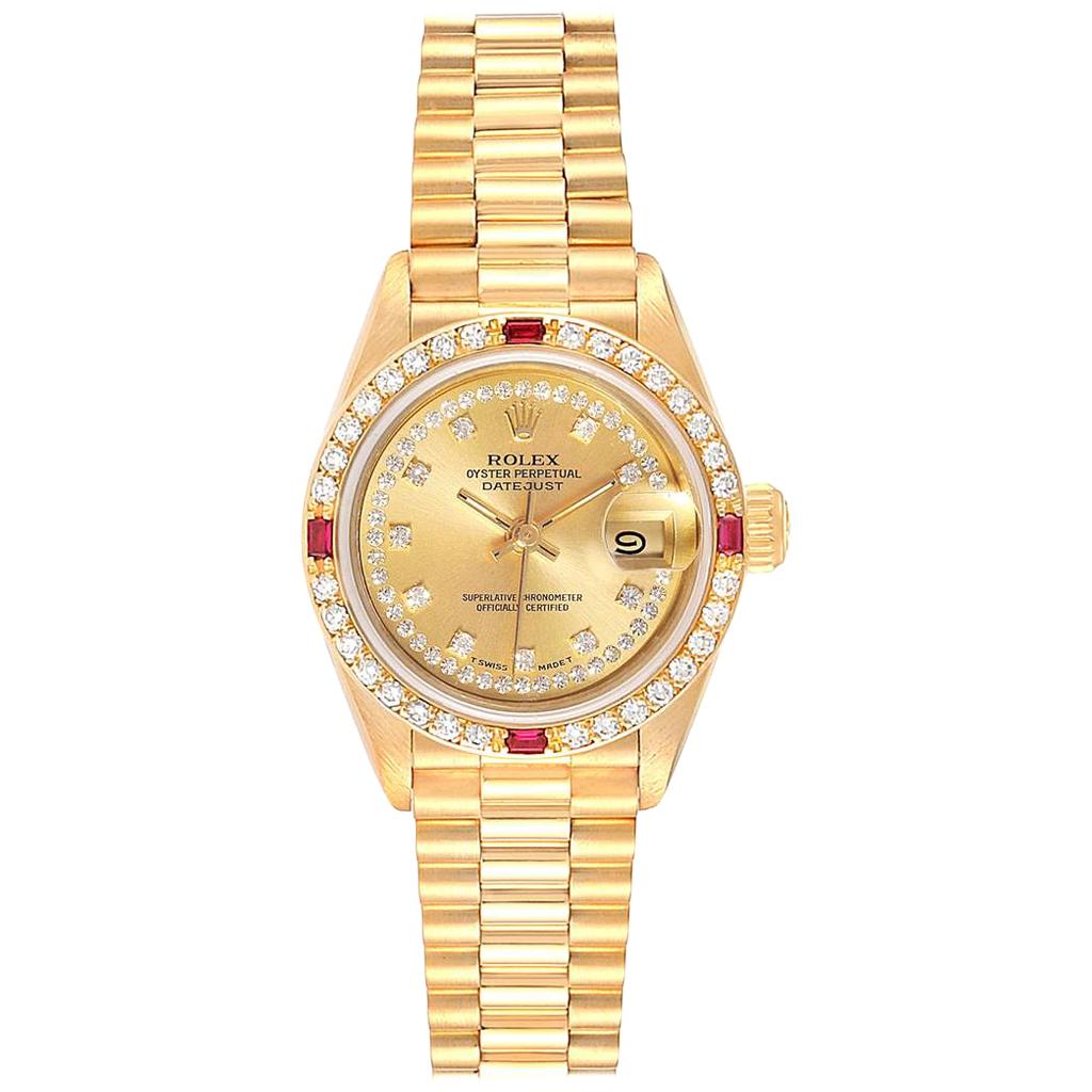 Rolex President Yellow Gold String Dial Diamond Ruby Ladies Watch 69068 For Sale