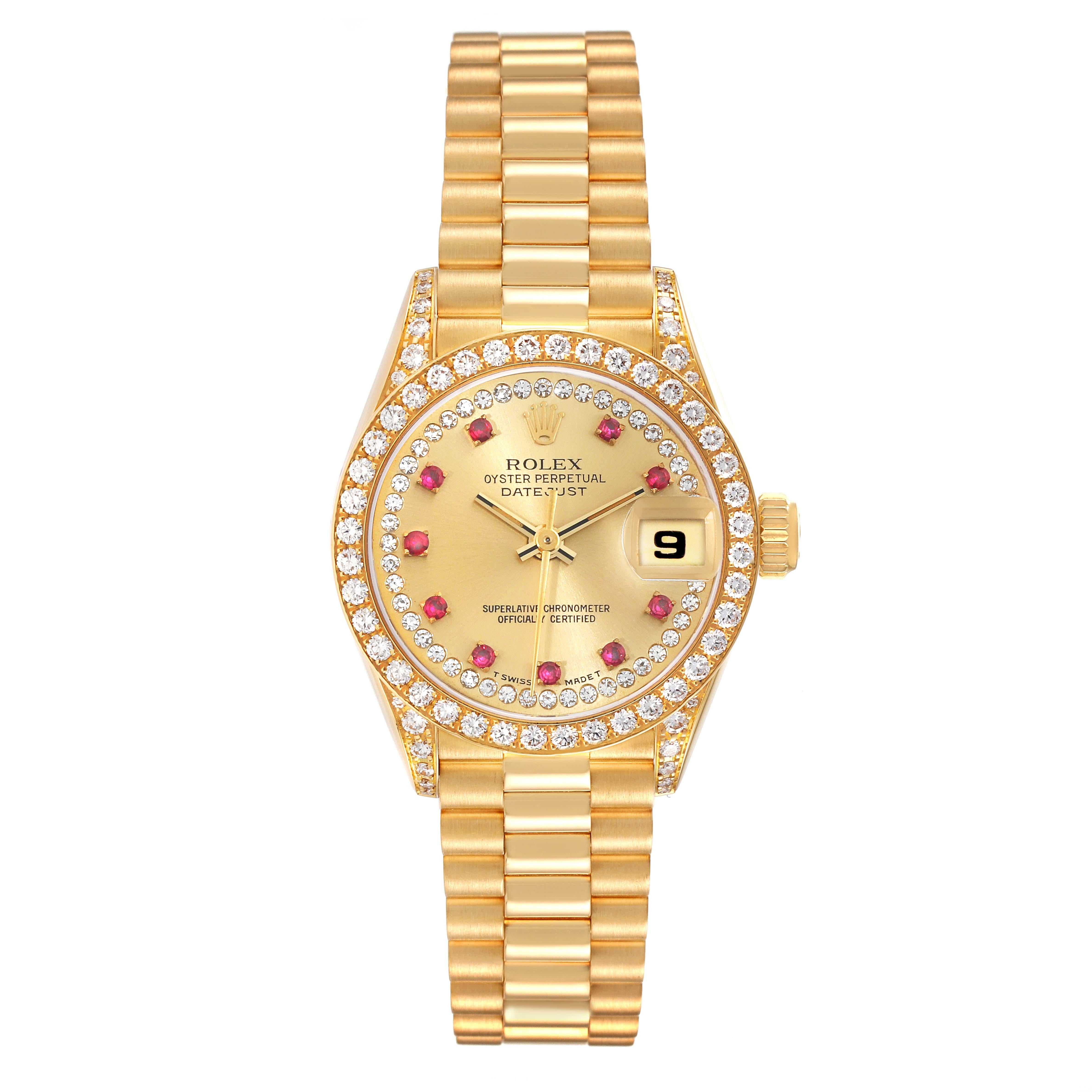 Rolex President Yellow Gold String Diamond Ruby Dial Ladies Watch 69158. Officially certified chronometer self-winding movement. 18k yellow gold oyster case 26.0 mm in diameter. Rolex logo on a crown. Original Rolex factory diamond lugs. Original