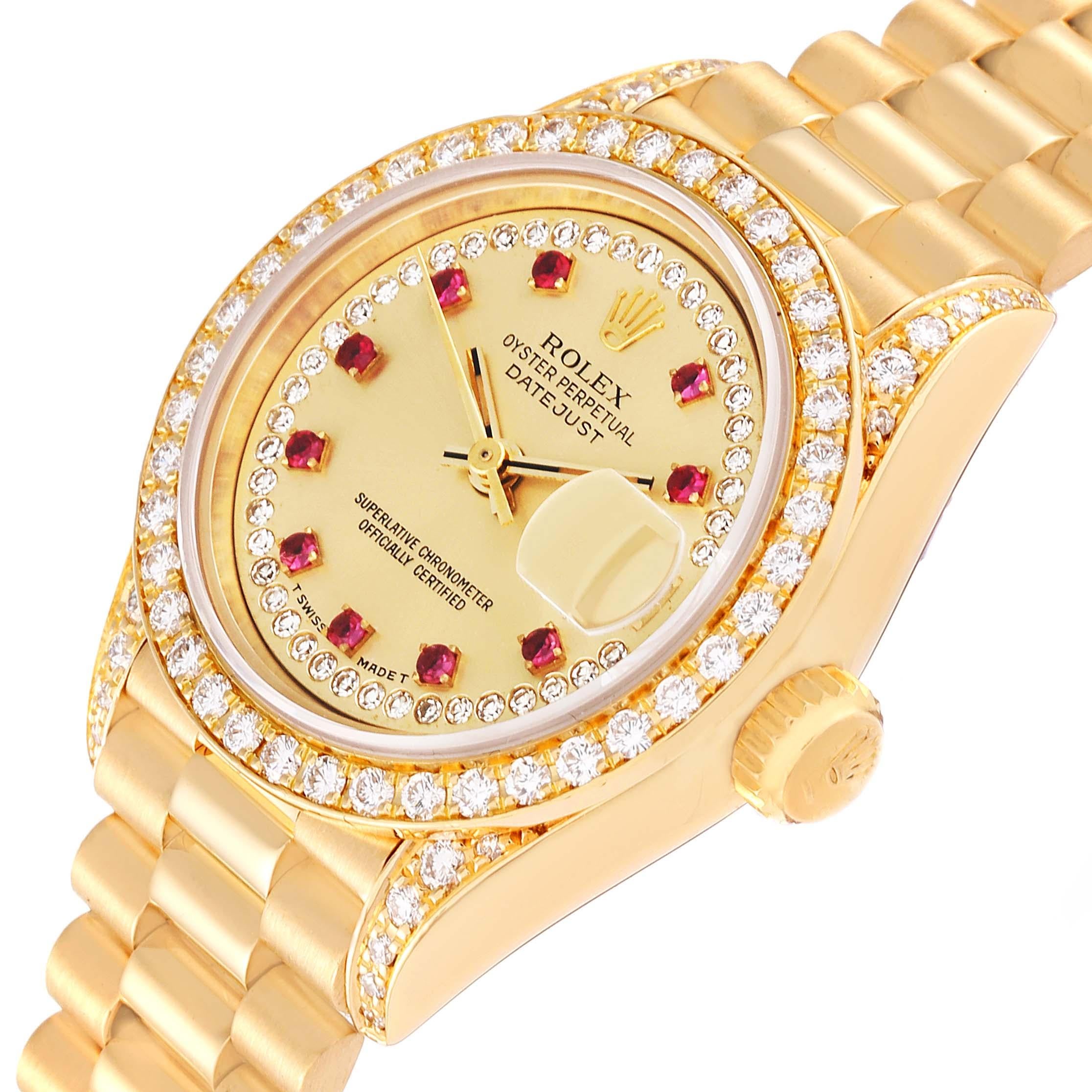 Rolex President Yellow Gold String Diamond Ruby Dial Ladies Watch 69158 In Excellent Condition In Atlanta, GA