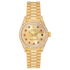 Rolex President Yellow Gold String Diamond Ruby Dial Ladies Watch 69158