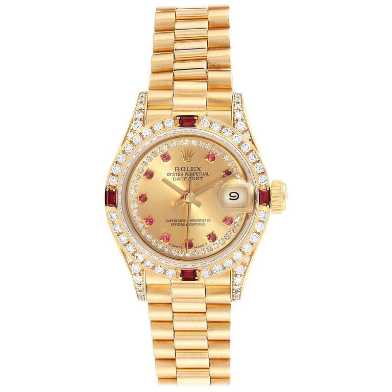 Rolex President Yellow Gold String Diamond Ruby Ladies Watch 69238 For ...
