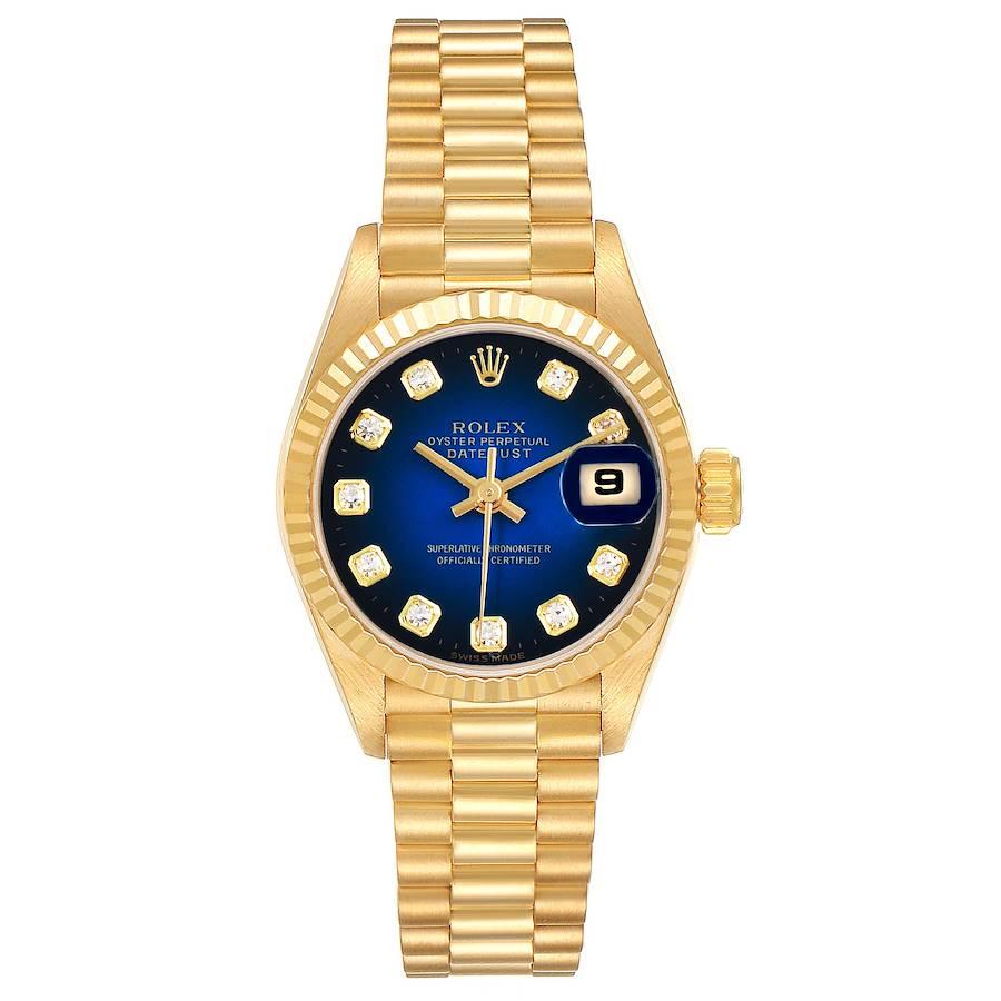 Rolex President Yellow Gold Vignette Diamond Dial Ladies Watch 69178. Officially certified chronometer self-winding movement. 18k yellow gold oyster case 26.0 mm in diameter. Rolex logo on a crown. 18k yellow gold fluted bezel. Scratch resistant