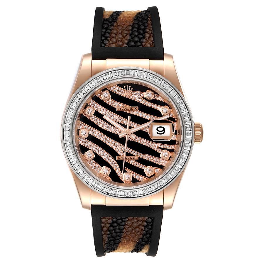 Rolex President Zebra Pave Diamond Dial Rose Gold Unisex Watch 116185. Officially certified chronometer self-winding movement. 18k rose gold oyster case 36.0 mm in diameter.  Rolex logo on the crown. 18K white gold original Rolex factory baguette