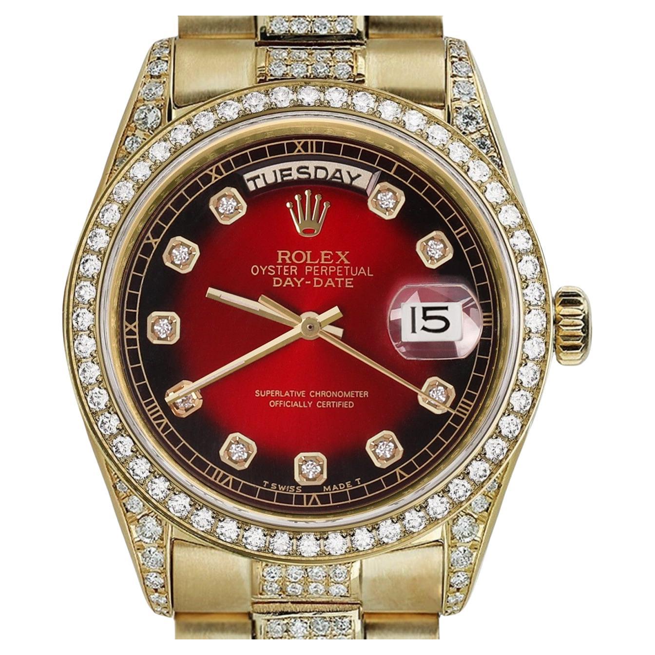 Rolex Presidential Diamond Red Vignette Diamond Dial 18KT Yellow Gold Watch For Sale