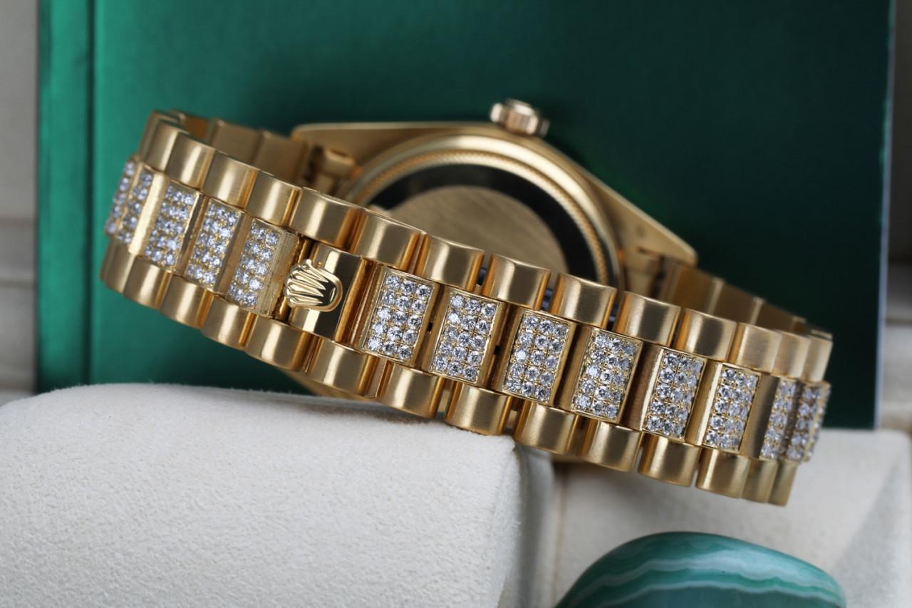 Round Cut Rolex Presidential Diamond White Dial Custom Diamond 18KT Yellow Gold Watch For Sale