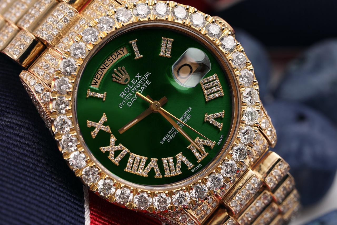 Round Cut Rolex Presidential Green Roman Dial Diamond Watch 18038 For Sale