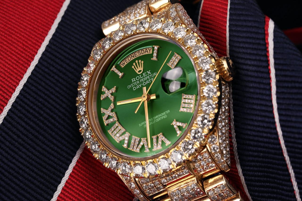 Rolex Presidential Green Roman Dial Diamond Watch 18038 In Excellent Condition For Sale In New York, NY