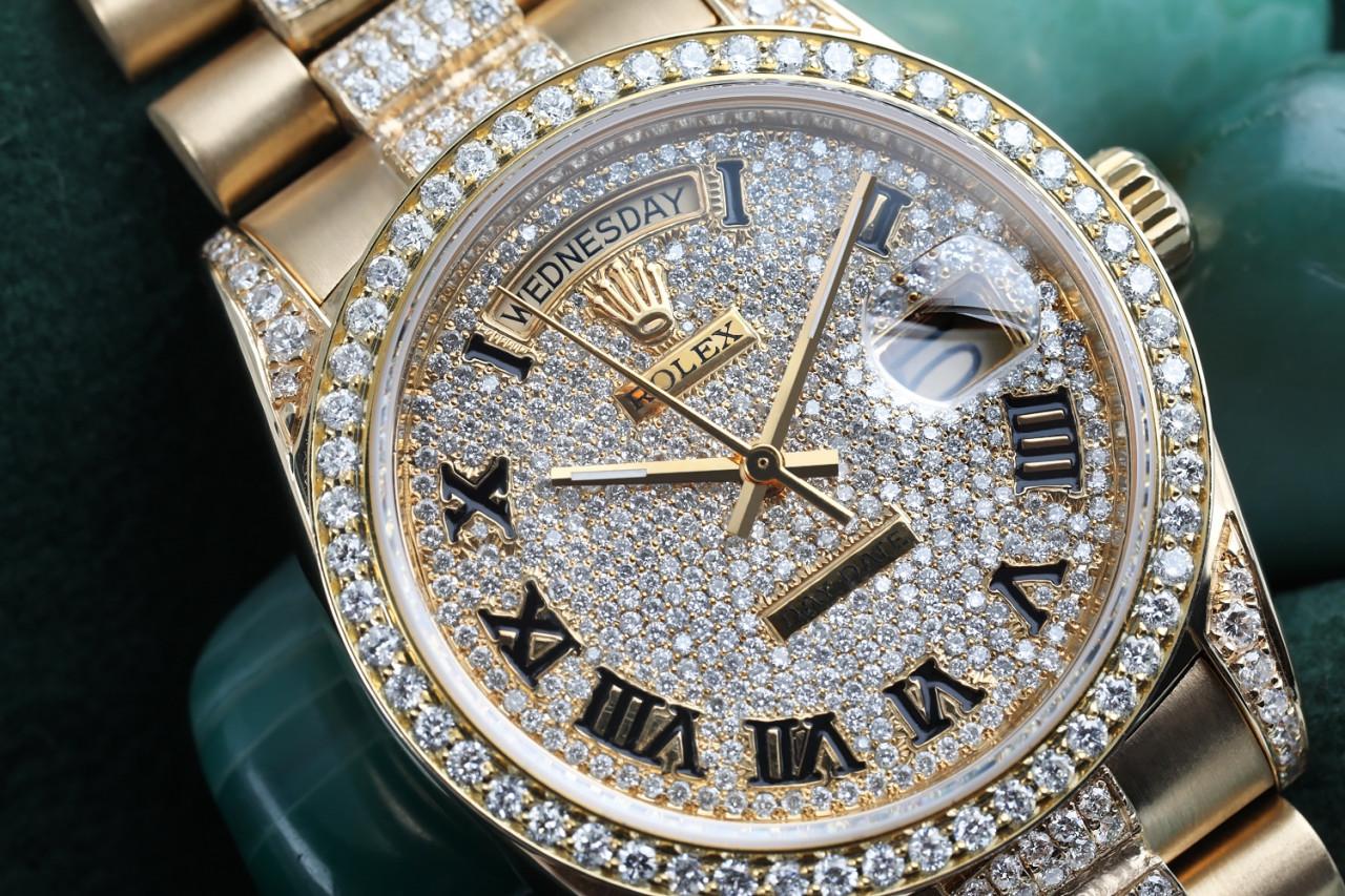 Rolex Presidential 36mm Pave römischen Diamant Zifferblatt benutzerdefinierte Diamant 18KT Gelbgold Uhr 18038
