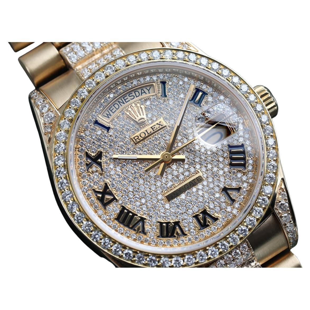 Rolex Presidential Roman Dial Pave Custom Diamond 18KT Yellow Gold Watch 18038 For Sale