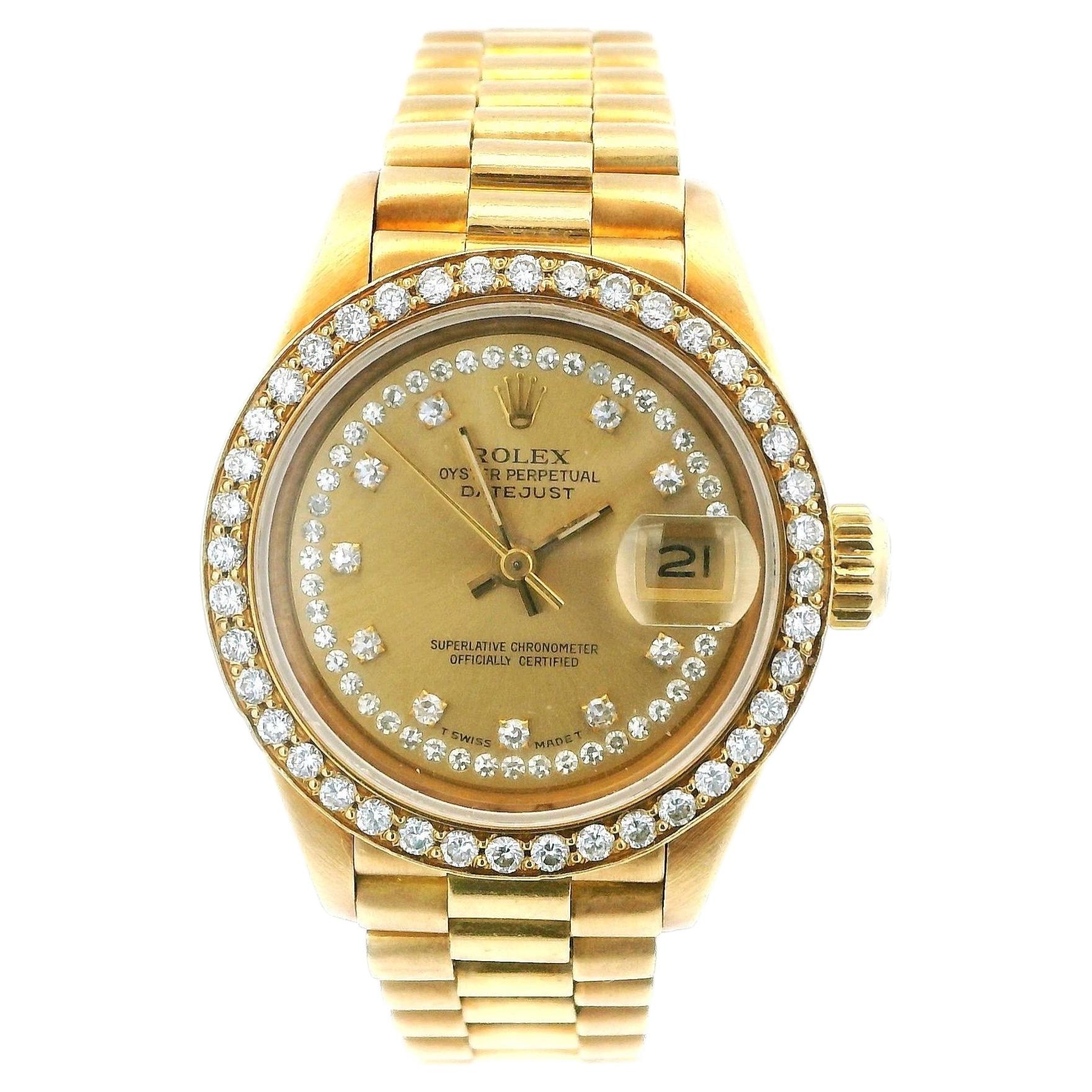 Rolex Presidential 69088 : cadran « Champagne String » serti de diamants et lunette personnalisée sertie de diamants en vente