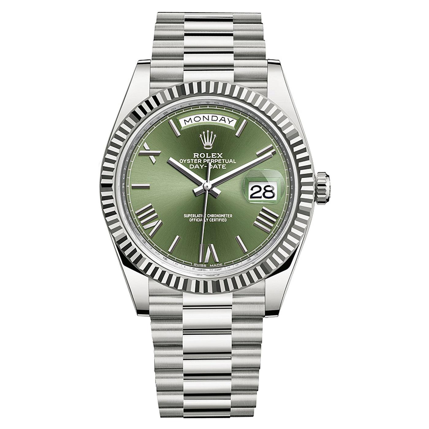 Rolex Presidential Day-Date 18k White Gold Green Olive Roman Dial 228239