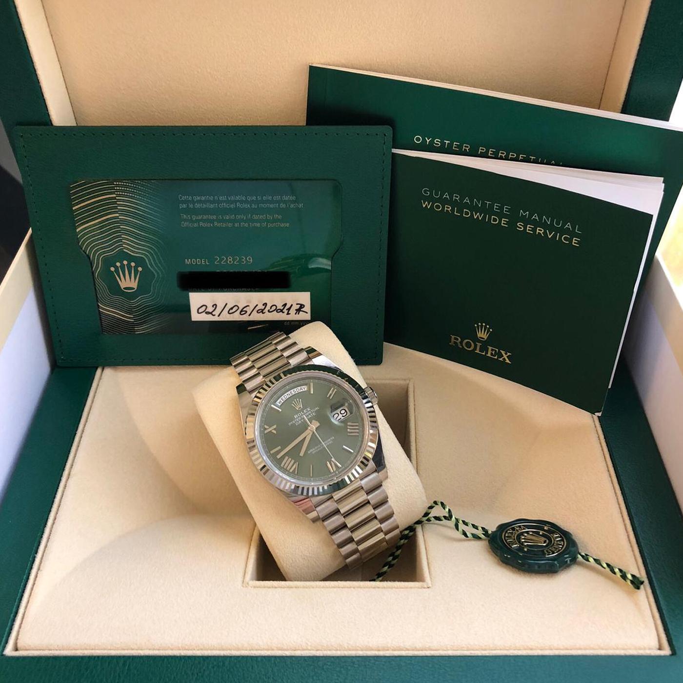 Rolex Presidential Day-Date 18k White Gold Green Olive Roman Dial 228239 In New Condition In Aventura, FL