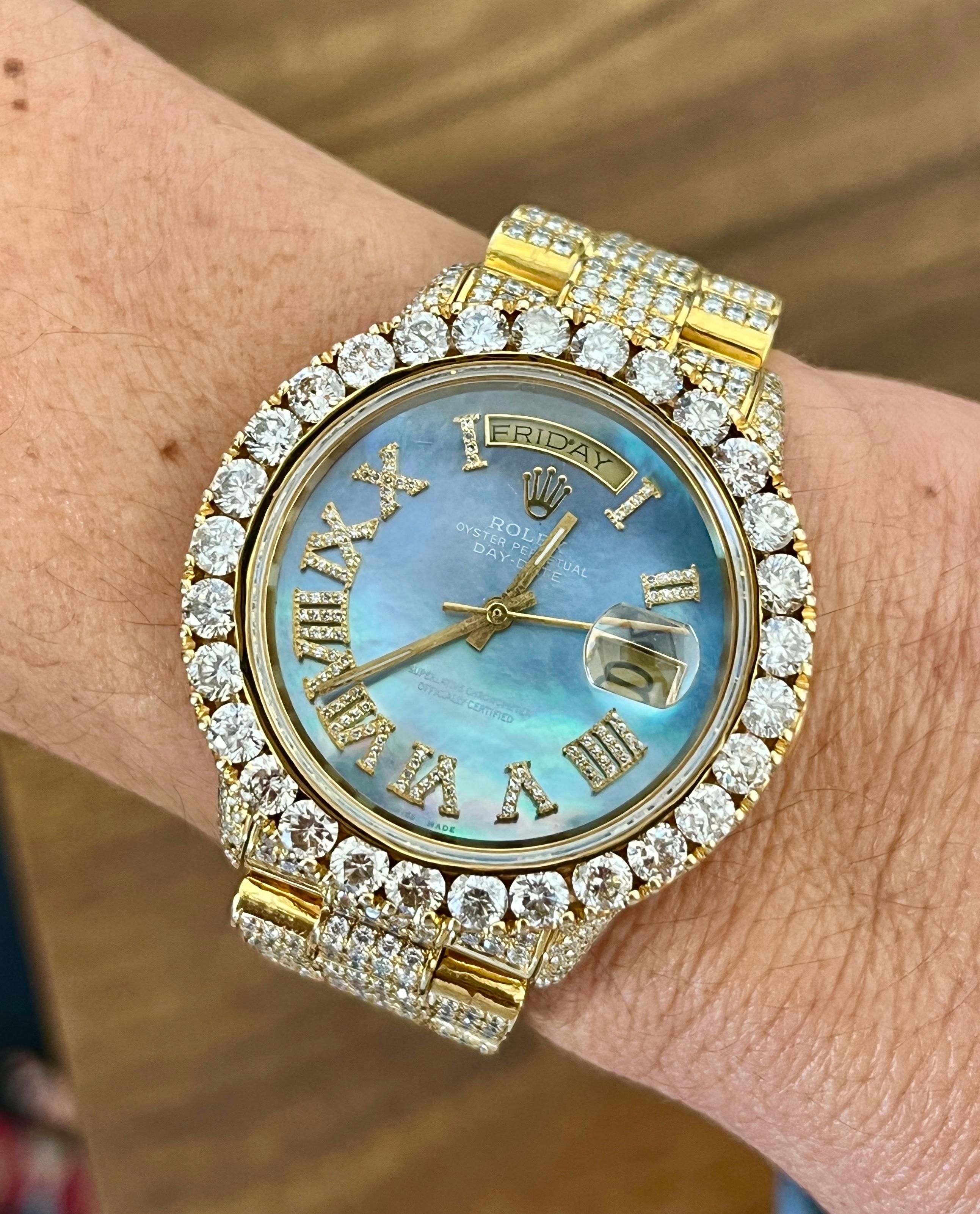 Round Cut Rolex Presidential Day Date MOP Dial with 18k Gold Diamond Bezel and Bracelet For Sale