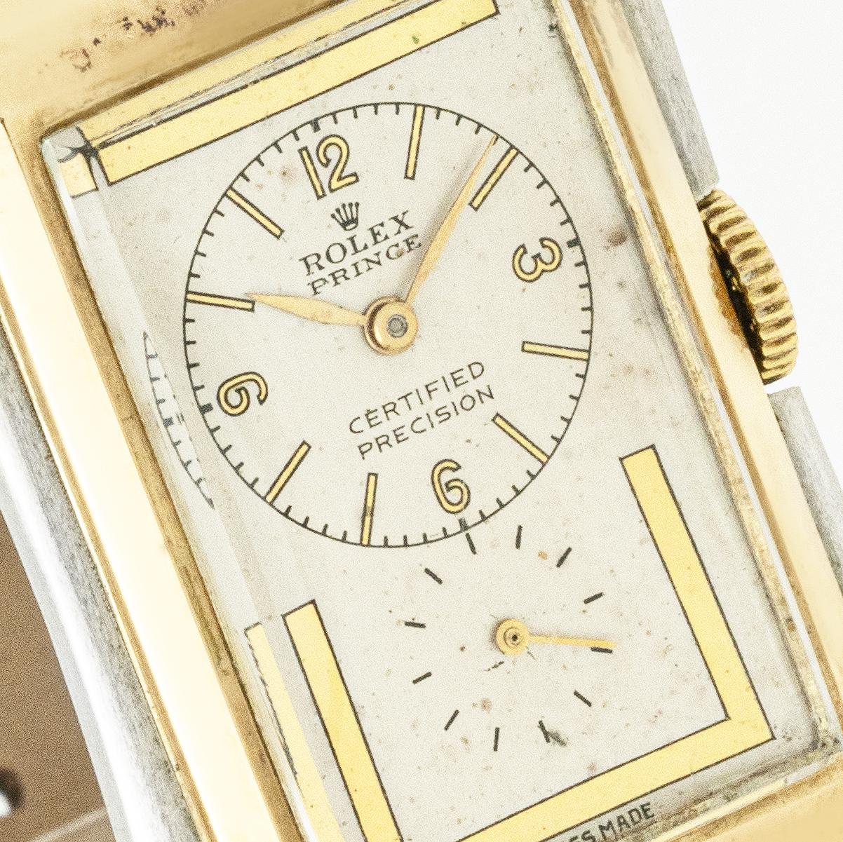 Art Deco Rolex Prince 1490 9k Yellow and White Gold For Sale