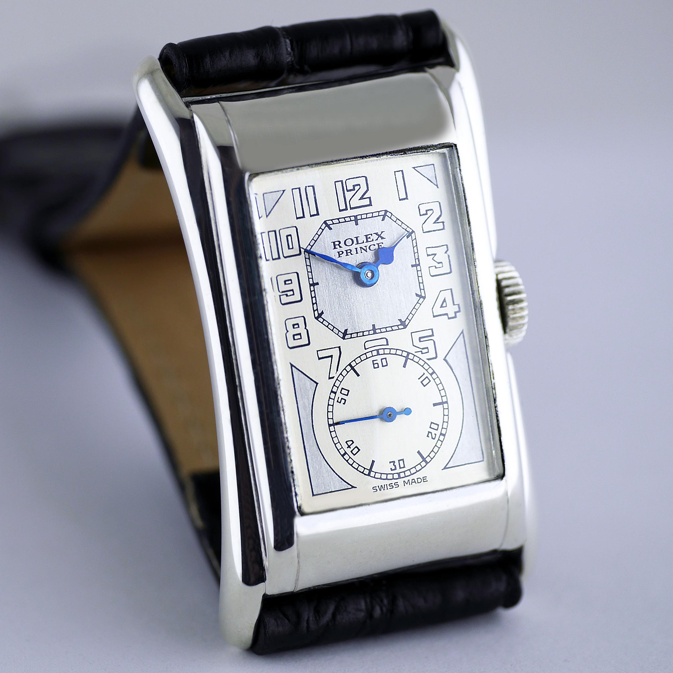 A very rare, fine and well-preserved Art Deco vintage wristwatch in silver by Rolex made in 1929. One of the very first Rolex Prince models made in its launch year.

“The Rolex Prince the watch for men of distinction”

If there was ever an accessory