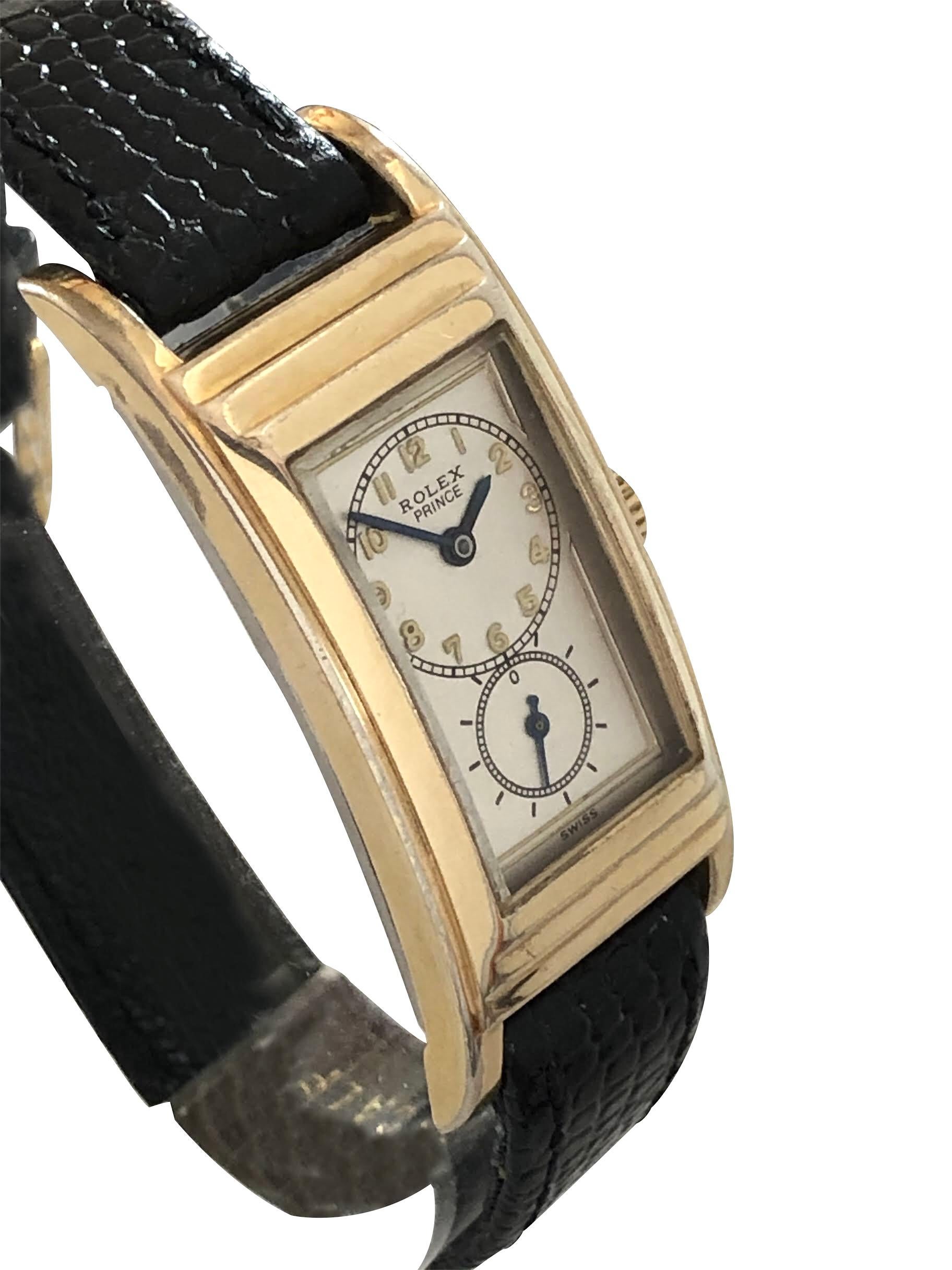 Circa 1930s Rolex prince Drs. Duo Dial Wrist Watch, 47 X 20 M.M. Signed Rolex Gold Filled curved and stepped case with Stainless Steel Back. Rolex 17 Jewel Prince, Extra Prima Movement. Silvered Dial with Raised Gold markers. New Black Lizard Calf