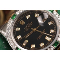 Rolex Quick-Set Datejust Black Dial Round & Baguette Numbers Emerald Watch 16013