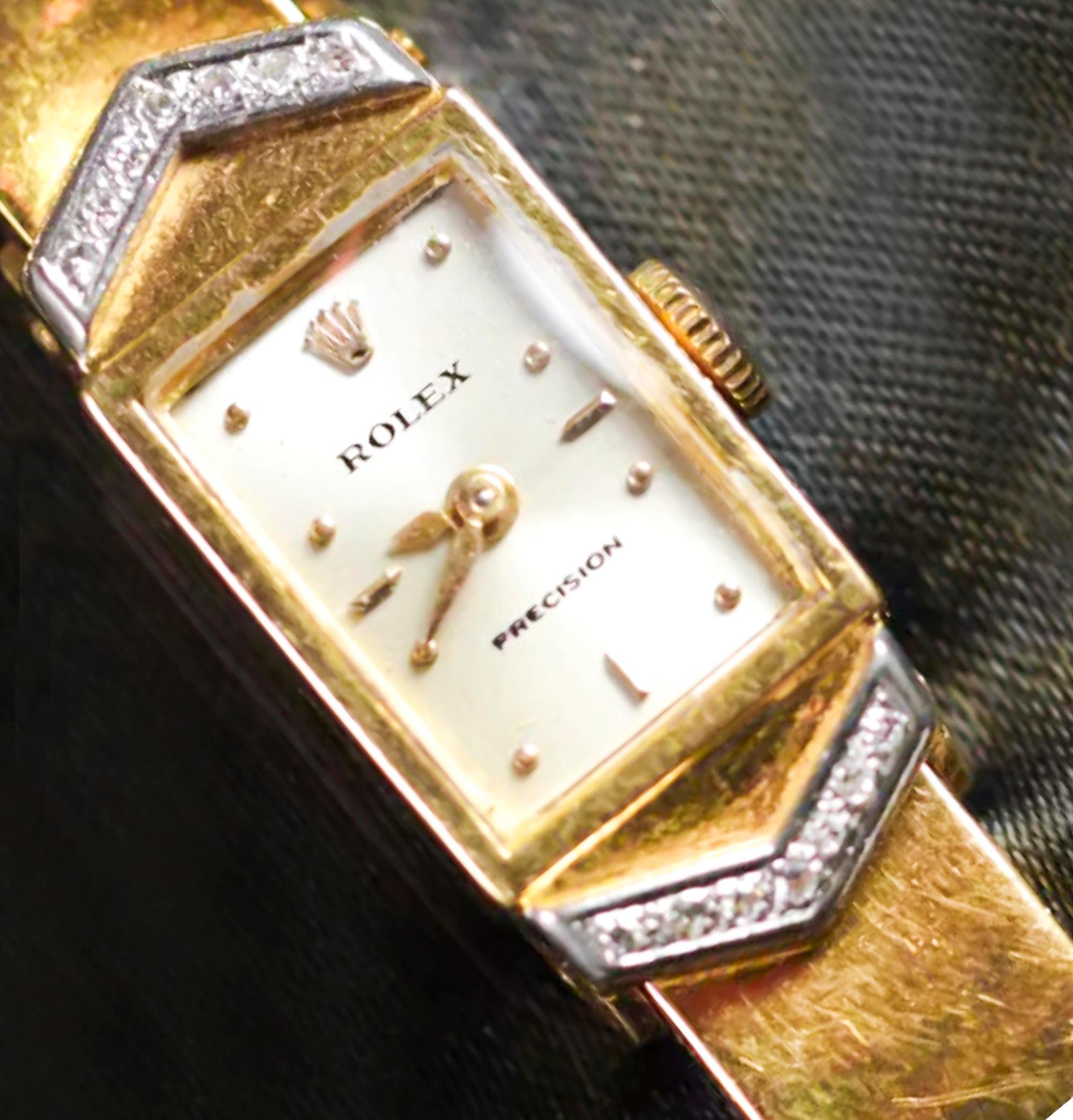 Brilliant Cut Rolex 1970s Precision 18 Karat Yellow Gold Diamond Bracelet Watch