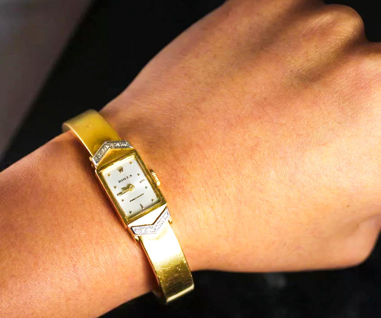 Rolex 1970s Precision 18 Karat Yellow Gold Diamond Bracelet Watch In Good Condition In New york, NY