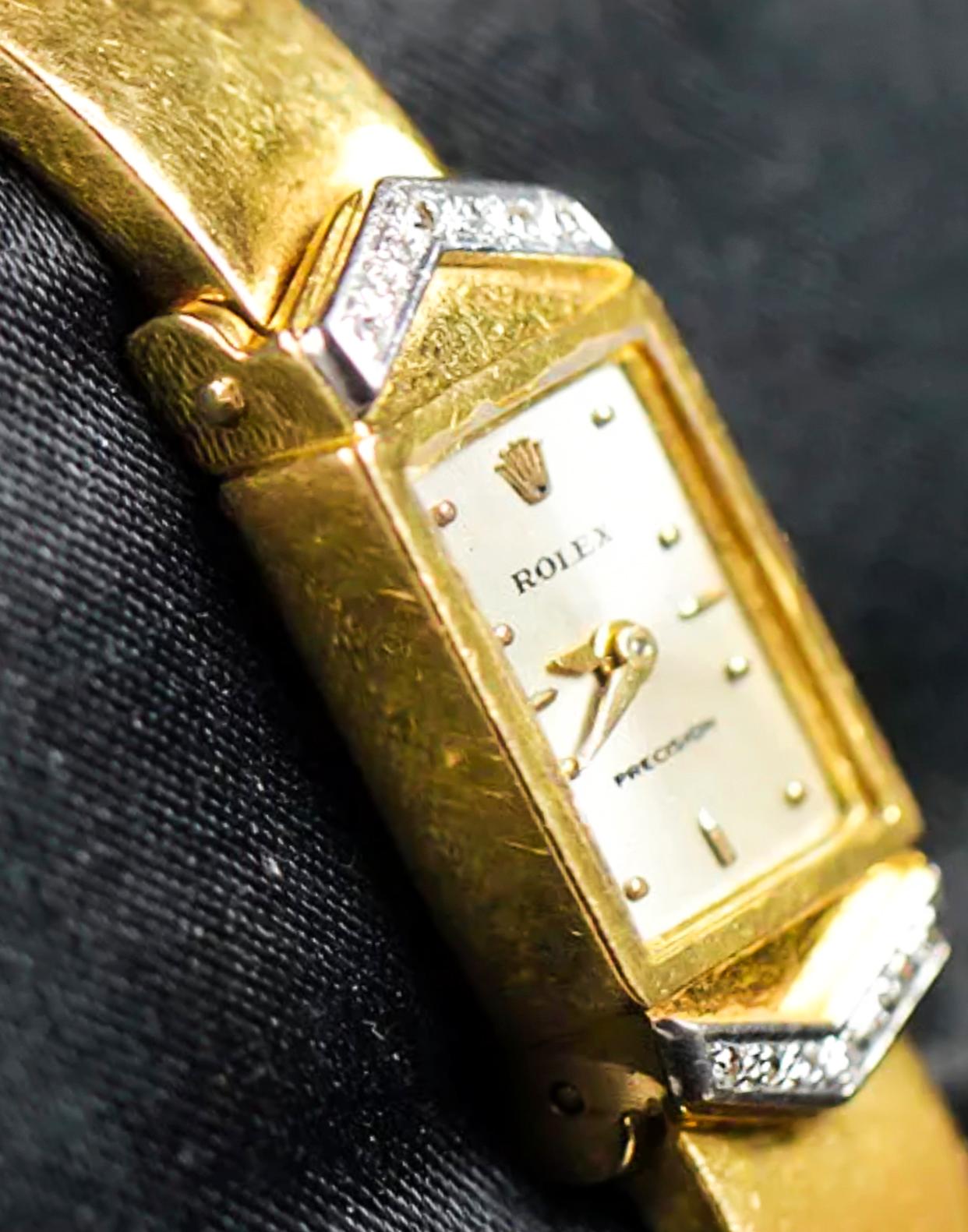 Women's or Men's Rolex 1970s Precision 18 Karat Yellow Gold Diamond Bracelet Watch
