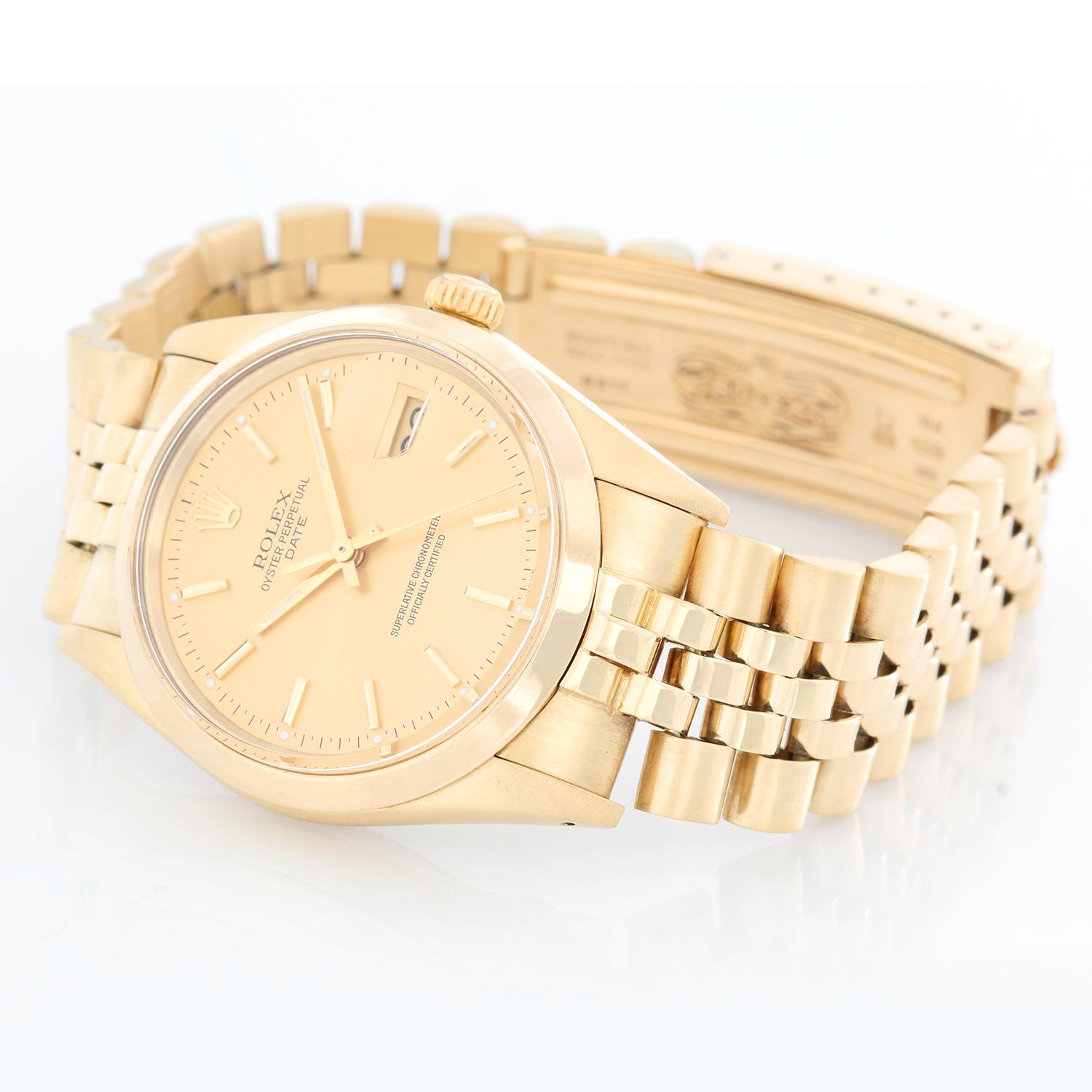 Rolex Rare 1980's 14k Gold Date Men's Watch 34mm Quickset 15007 -  Automatic winding; acrylic crystal, Quickset date. 14k yellow gold case with smooth bezel (34mm diameter). Champagne dial with gold stick markers; date at 3 o'clock. 14k yellow gold