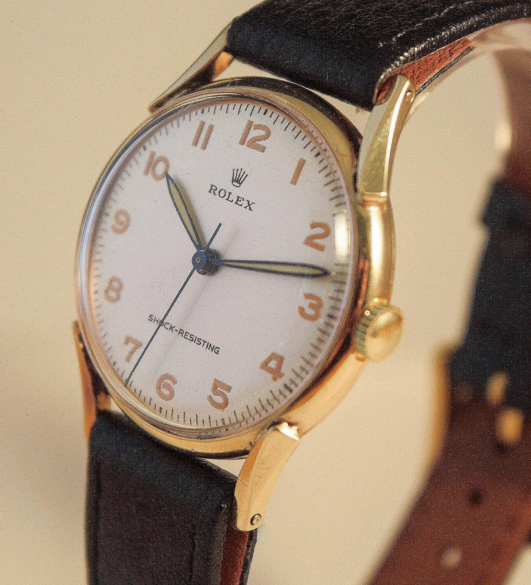 Art Deco Rolex Rare and Attractive 1940's solid gold cased  watch stylish unusual lugs For Sale