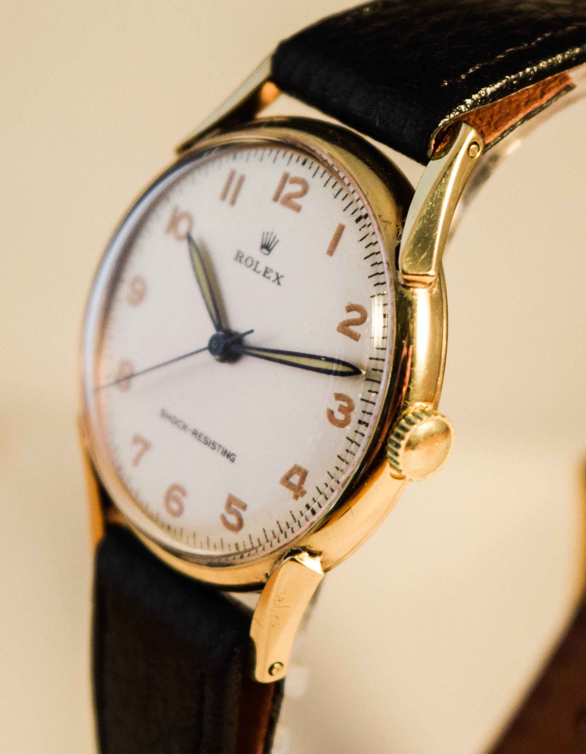 Rolex Rare and Attractive 1940's solid gold cased  watch stylish unusual lugs For Sale 8