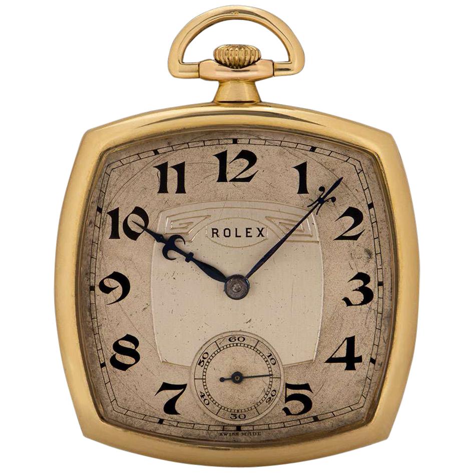 Rolex Rare Art Deco Open Face Pocket Watch Vintage 9 Karat Gold Silver Dial