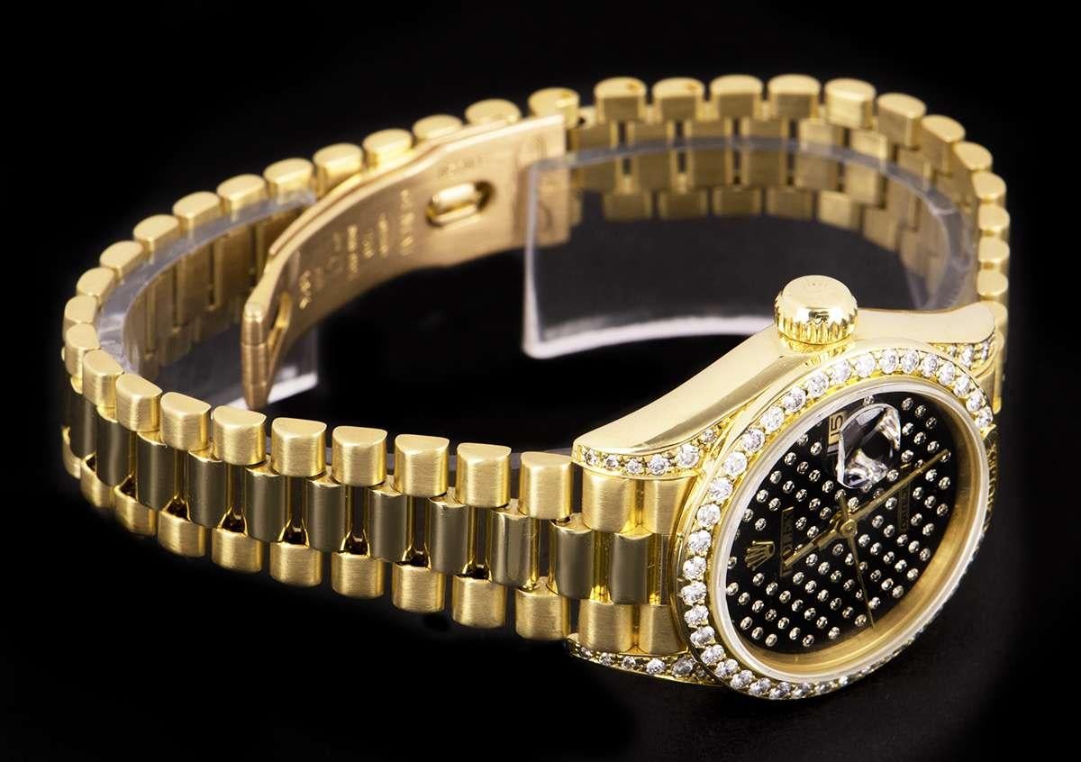 Rolex Rare Datejust Gold Black Pleiade Diamond Dial Diamond Set 69158 Watch In Good Condition In Mayfair, London, London