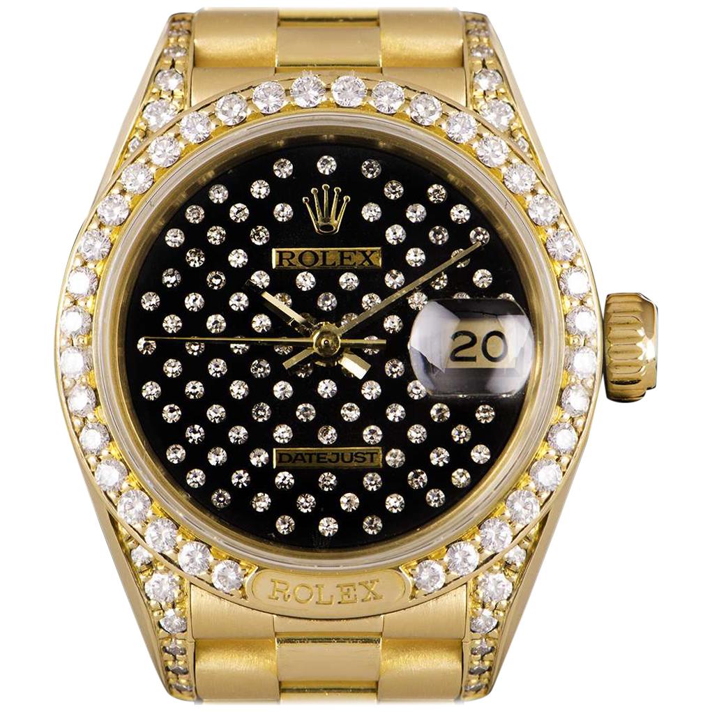 Rolex Rare Datejust Gold Black Pleiade Diamond Dial Diamond Set 69158 Watch