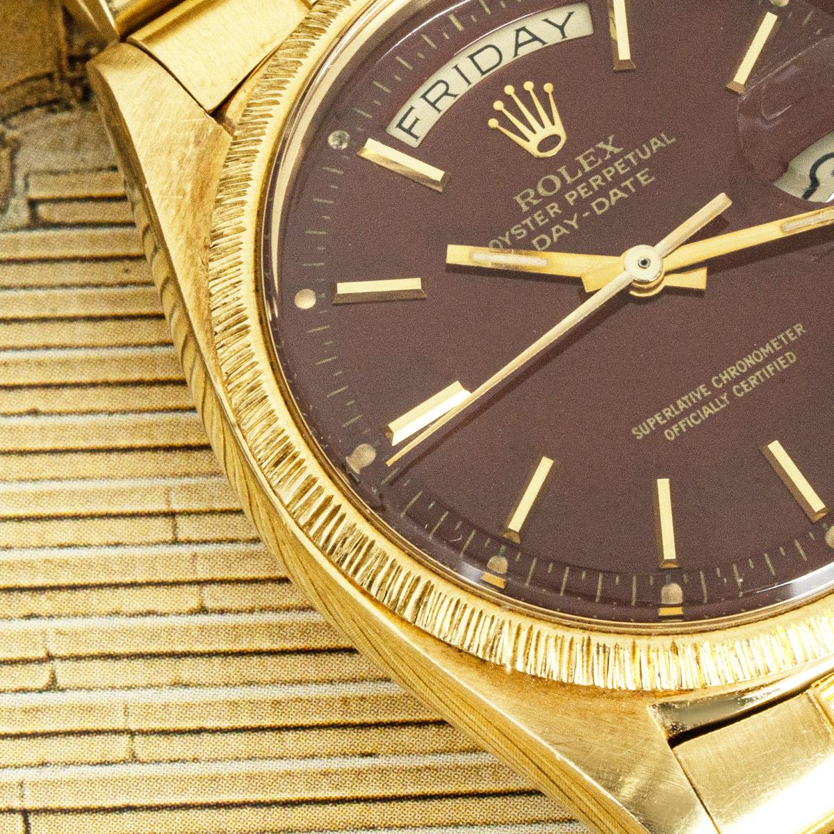 Men's Rolex Rare Day-Date Oxblood Stella Dial Bark Finish 1807 For Sale