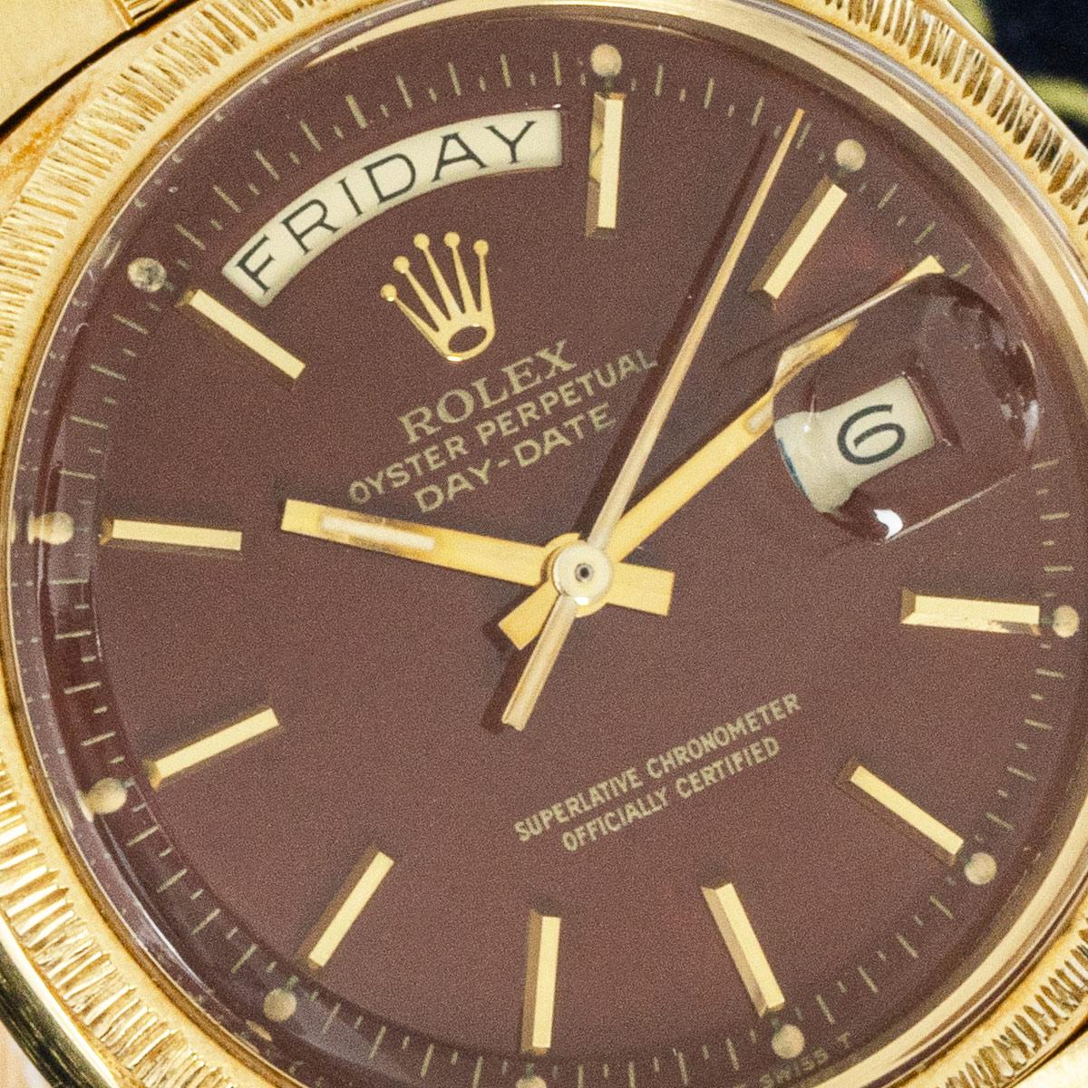 Rolex Rare Day-Date Oxblood Stella Dial Bark Finish 1807 For Sale 2