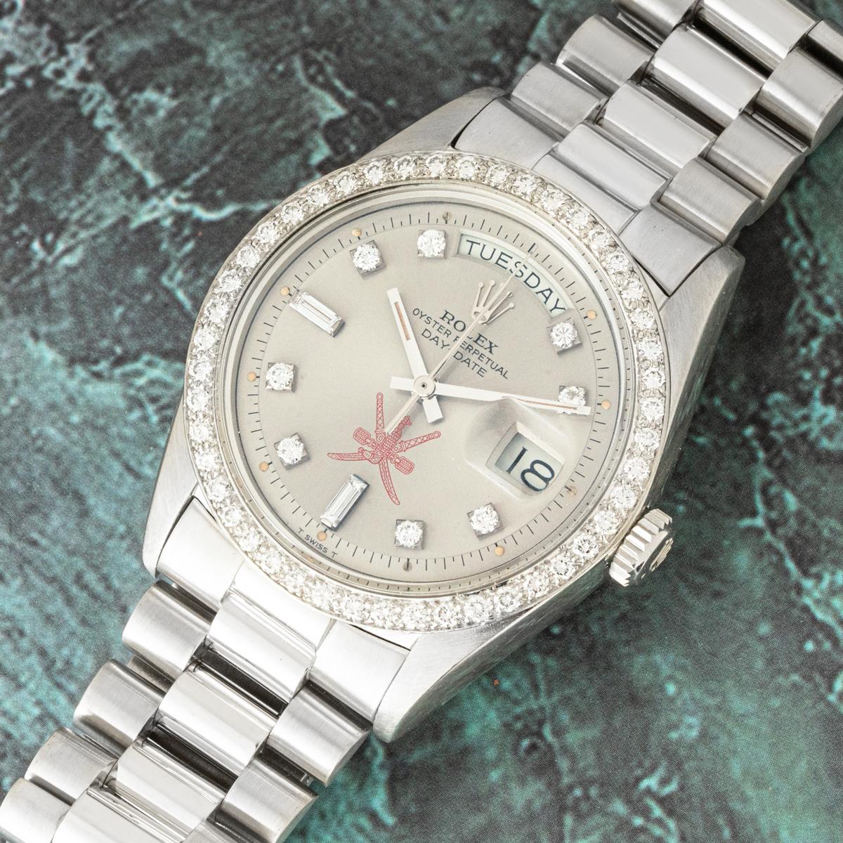 A rare and important Rolex Omani Day-Date 1804, available now at our Showroom, London.

This exquisite timepiece, crafted from opulent platinum, is one of very few pieces which were ordered by Sultan Qaboos bin Said al Said of Oman. The silver dial