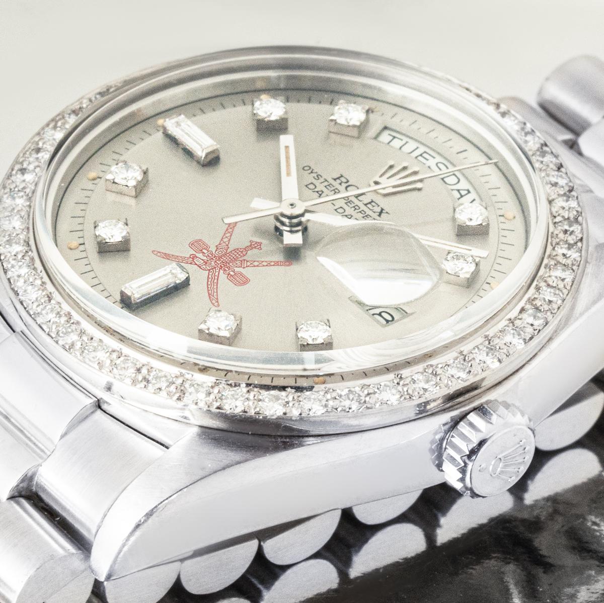 Brilliant Cut Rolex Rare Day-Date Platinum Omani Khanjar Dial 1804 For Sale