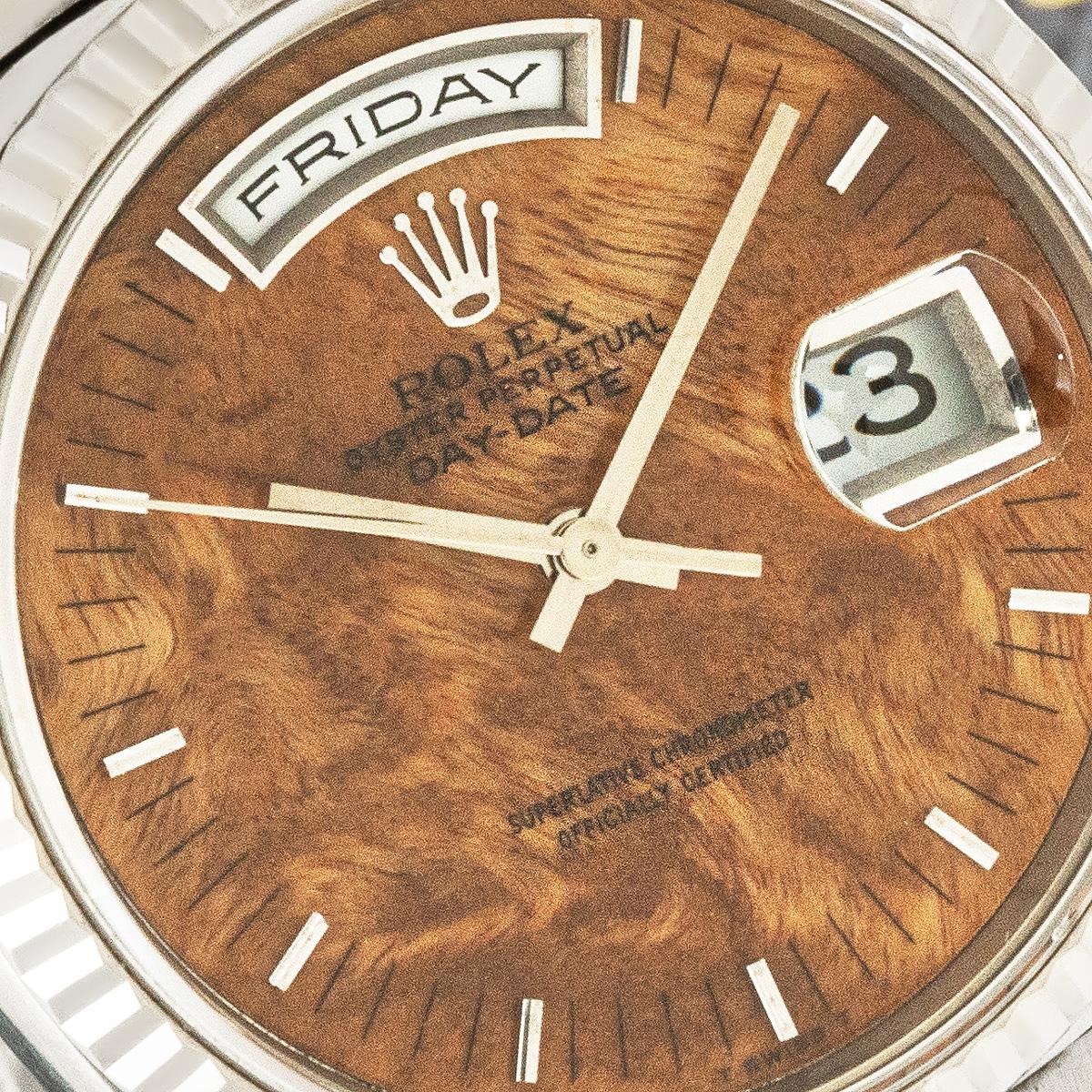 Rolex Seltenes Day-Date-Holz-Zifferblatt Weißgold 18239 im Zustand „Gut“ im Angebot in London, GB