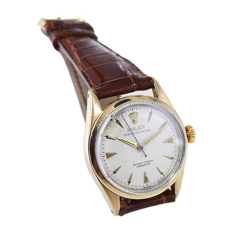 Modernist Rolex Rare Gold Shell Oyster Perpetual from 1952 Oversized Bubble Back Movement For Sale