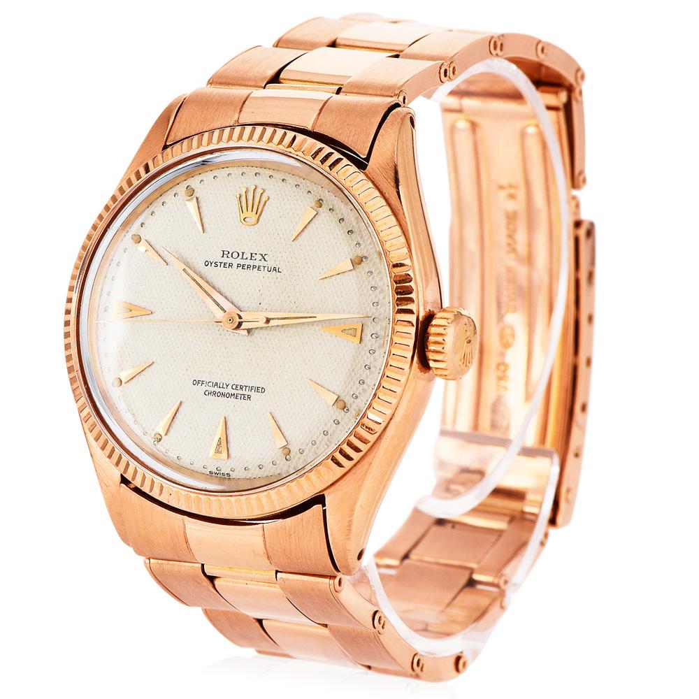 Rolex Rare Oyster Perpetual  6285 HoneycombDial Rose Gold  Watch In Good Condition For Sale In Miami, FL