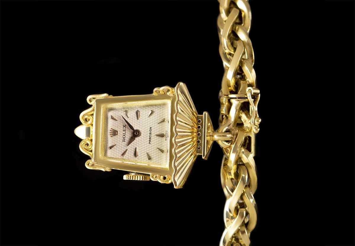 Rolex Rare Precision Lantern Vintage Silver Dial Bracelet Watch In Excellent Condition In London, GB
