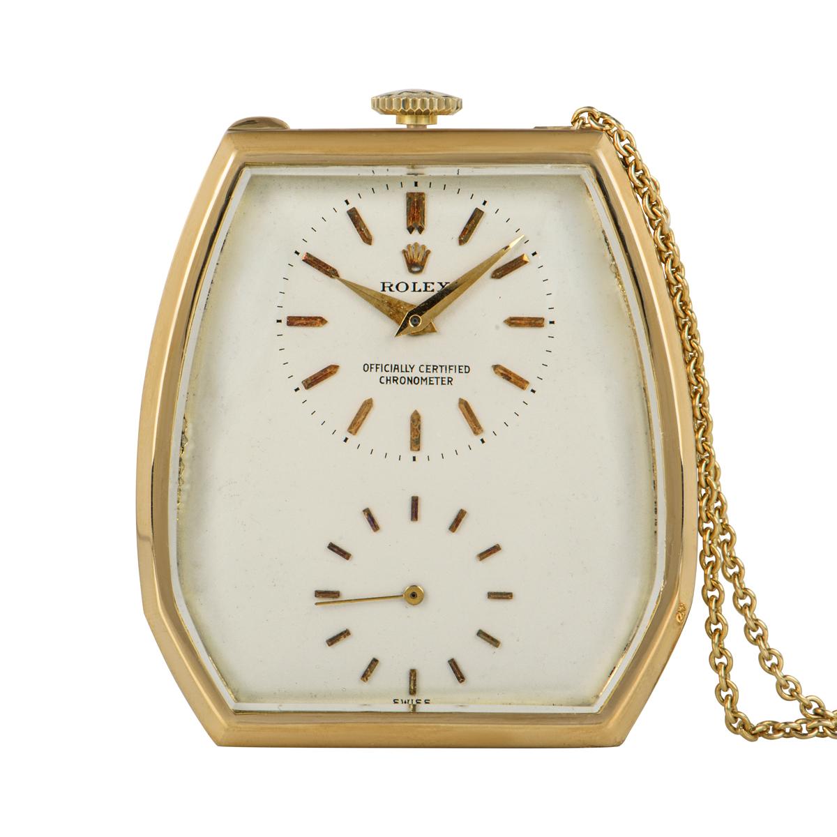 Rolex Prince. A very rare 38mm 18ct yellow gold dress pocket watch with a specially made chain by Rolex, C1920.

Dial: The excellent cream dial with batons and crown signed Rolex Officially Certified Chronometer with original dagger hands and large