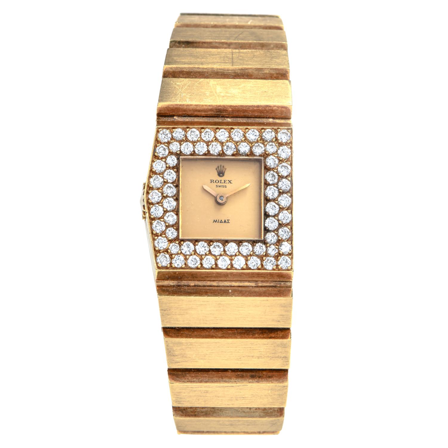Round Cut Rolex Rare Queen Midas Diamond 18k Yellow Gold Ref 9904 Watch For Sale