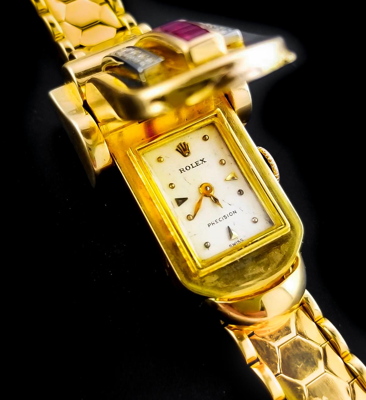 Rolex Rare Retro 1950s Vintage Ruby Diamond Bracelet Wristwatch For Sale 3