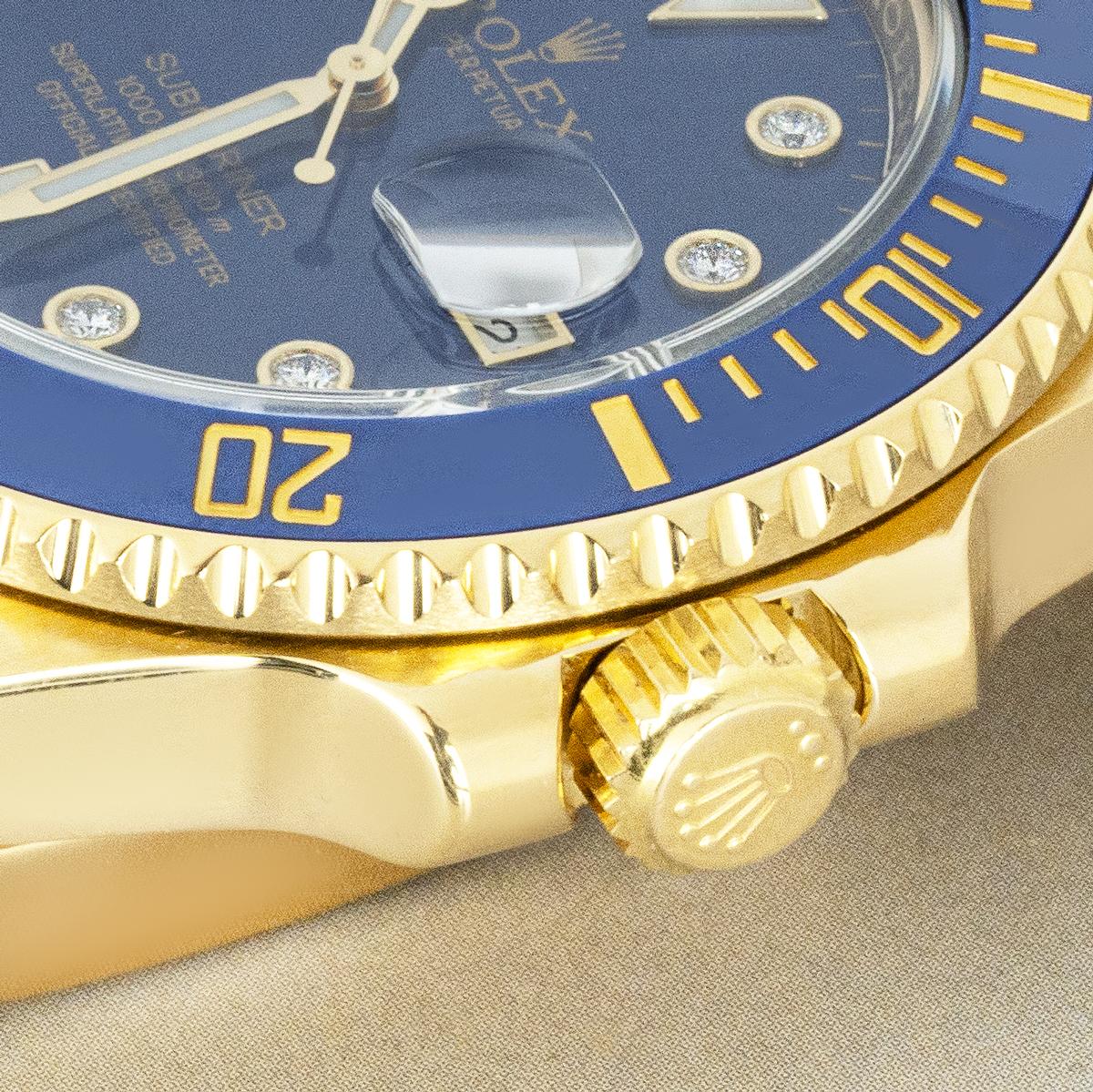 A solid 18k yellow gold rare Blue Submariner Date ref. 116618LB wristwatch by Rolex. Featuring a blue dial with applied diamond hour markers and a yellow gold uni-directional rotating bezel with a blue ceramic bezel insert.

Fitted with a sapphire